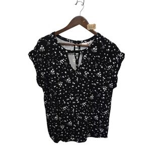So Womens Black Floral Ditsy Keyhole Neck Cap Sleeve Blouse‎ Large RN73277